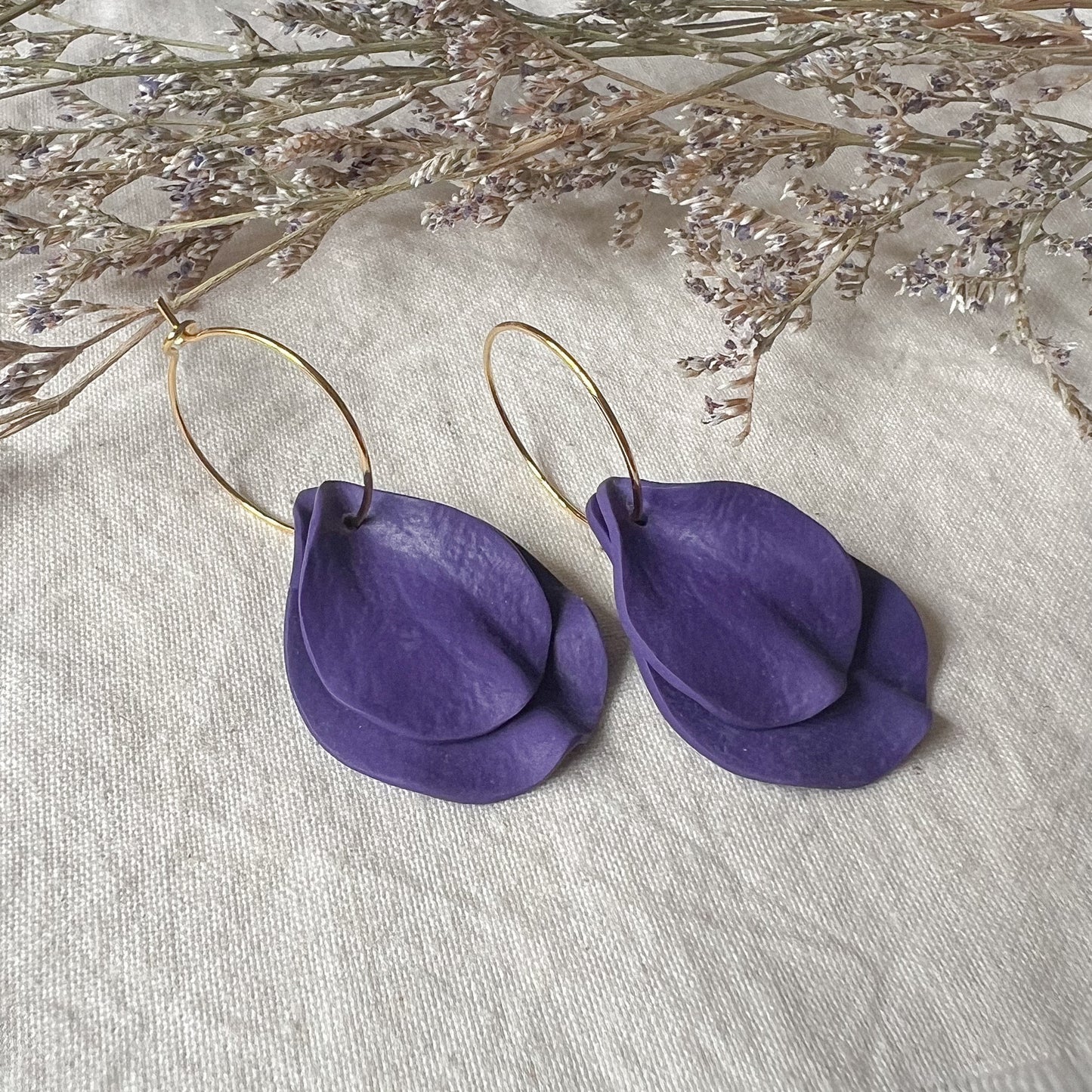 Double Petal Hoop Earrings In Deep Purple
