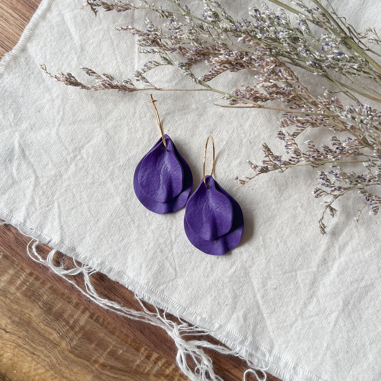 Double Petal Hoop Earrings In Deep Purple