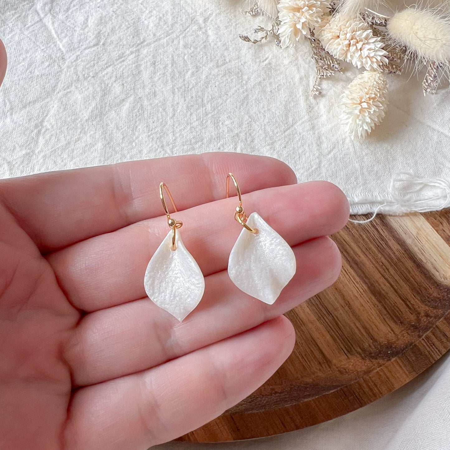 Tiny Petal Hook Earrings in Pearl White