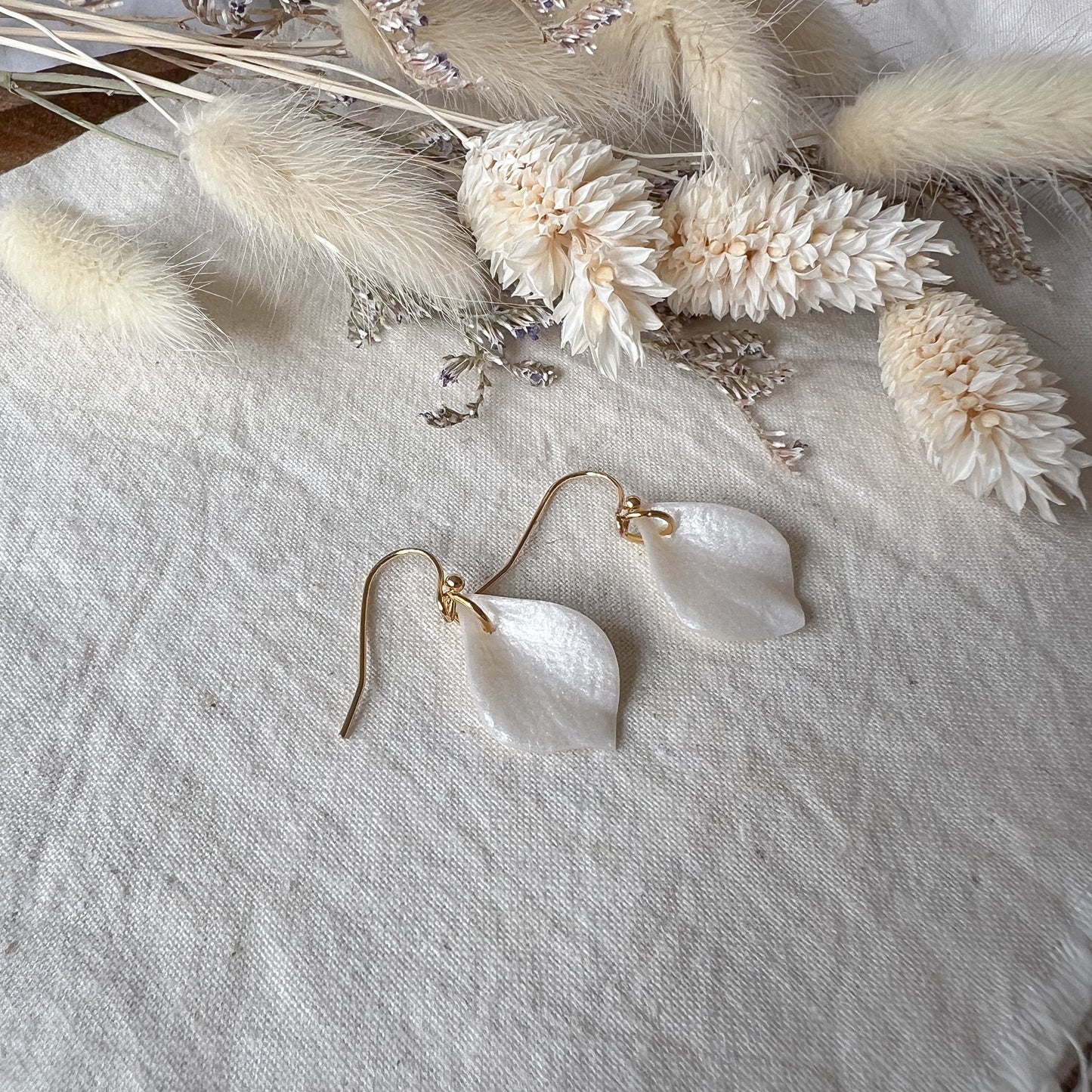 Tiny Petal Hook Earrings in Pearl White