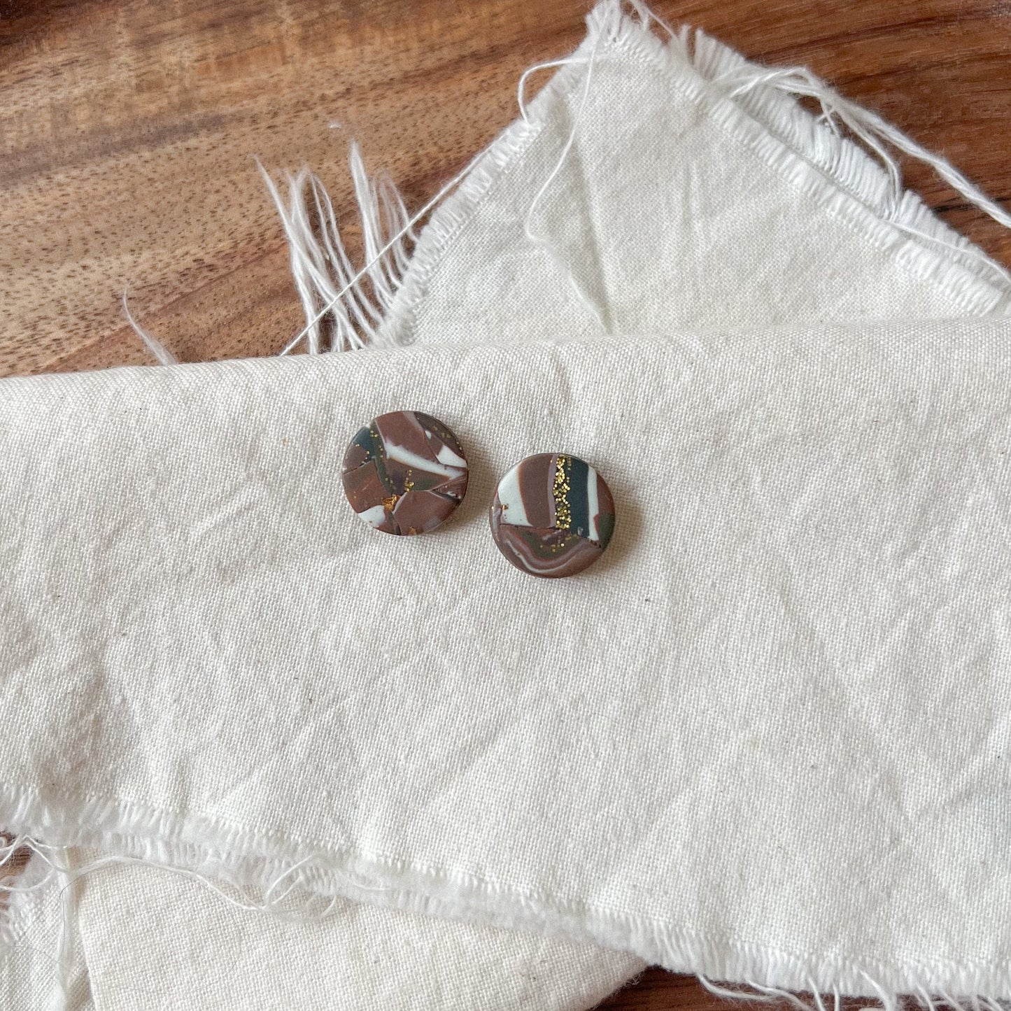 Large Round Stud Earring in Earth Tone Abstract Marble