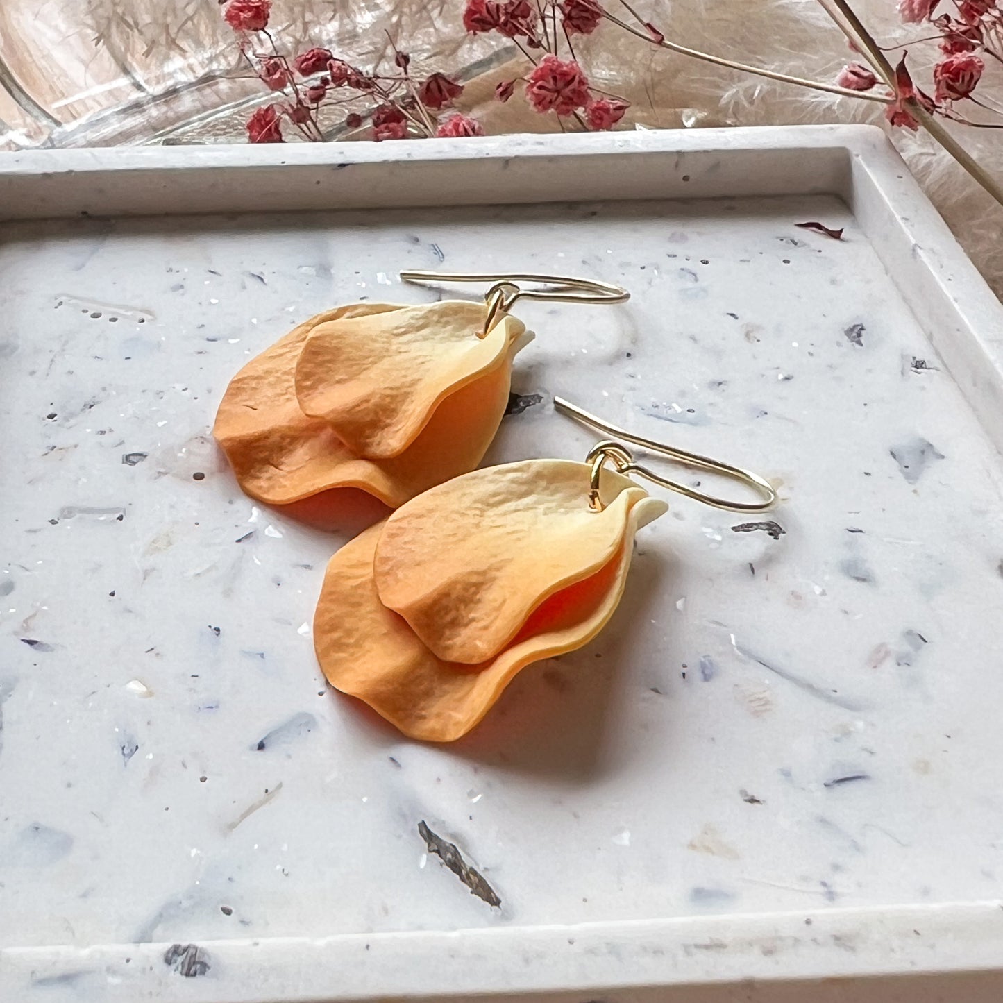 Double Petal Hook Earrings In Yellow Ochre