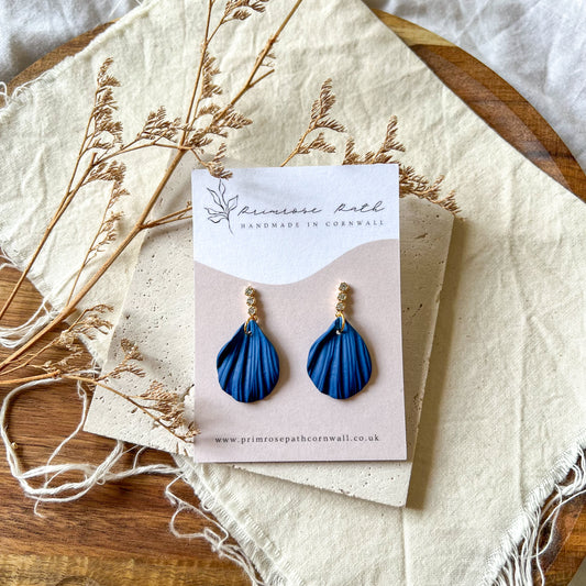 Cubic Zirconia Textured Petal Stud Earrings In Deep Sea Blue