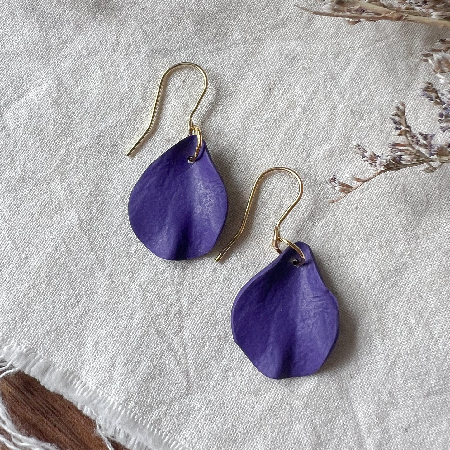 Small Petal Hook Earrings In Deep Purple