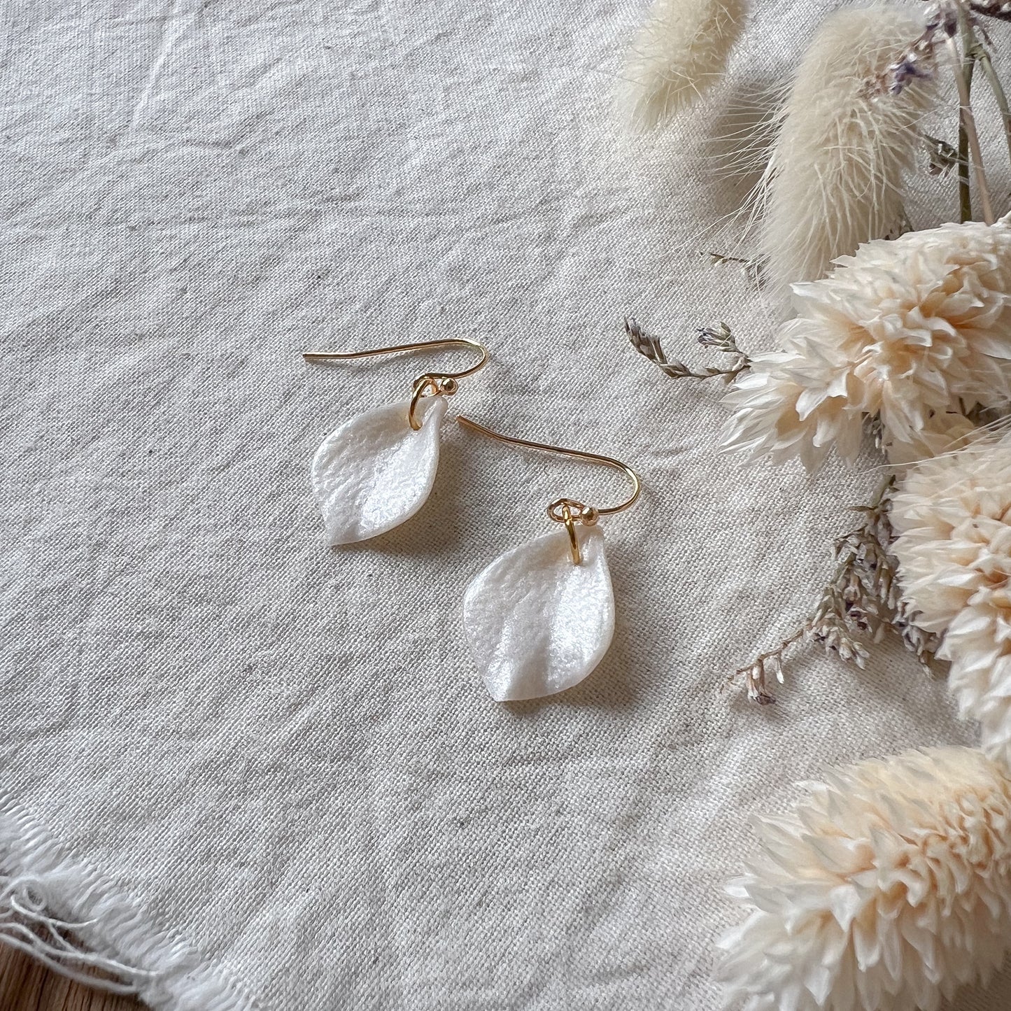Tiny Petal Hook Earrings in Pearl White