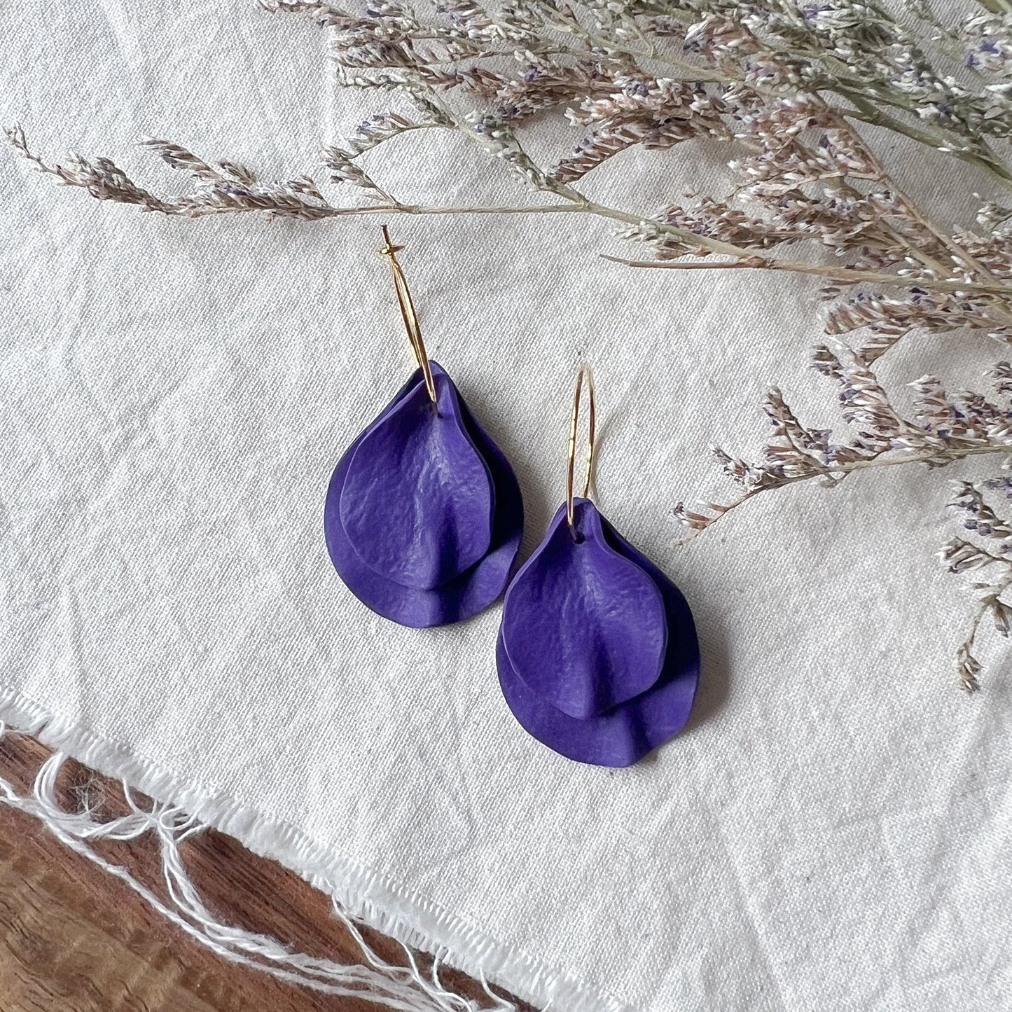 Double Petal Hoop Earrings In Deep Purple