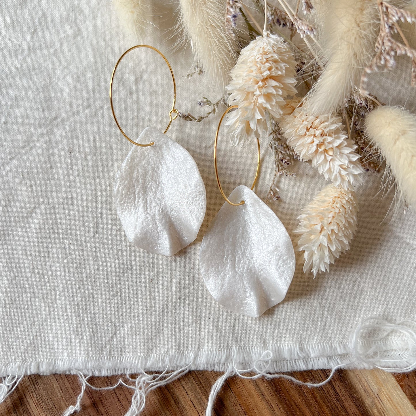Large Petal Hoop Earrings In Pearl White