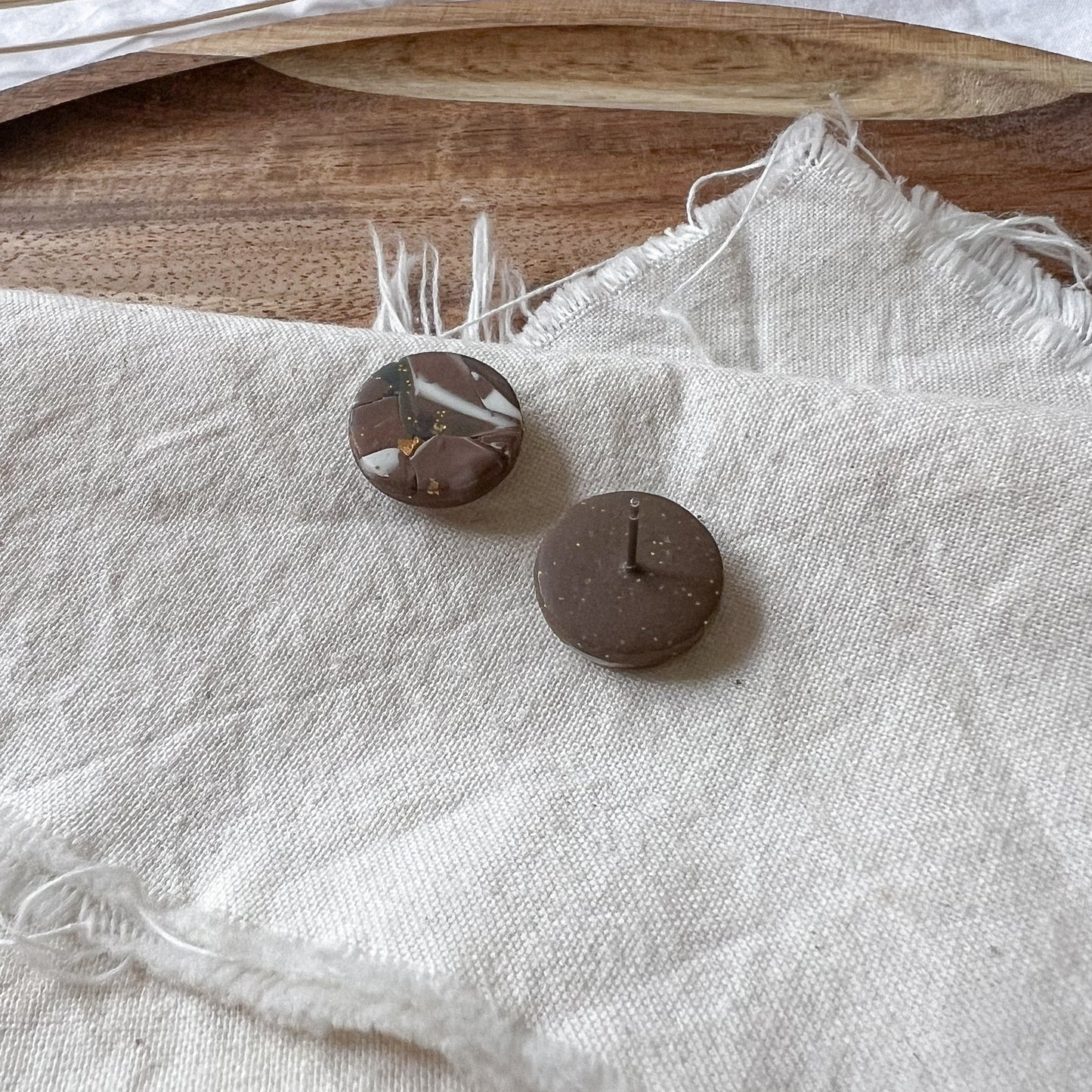 Large Round Stud Earring in Earth Tone Abstract Marble