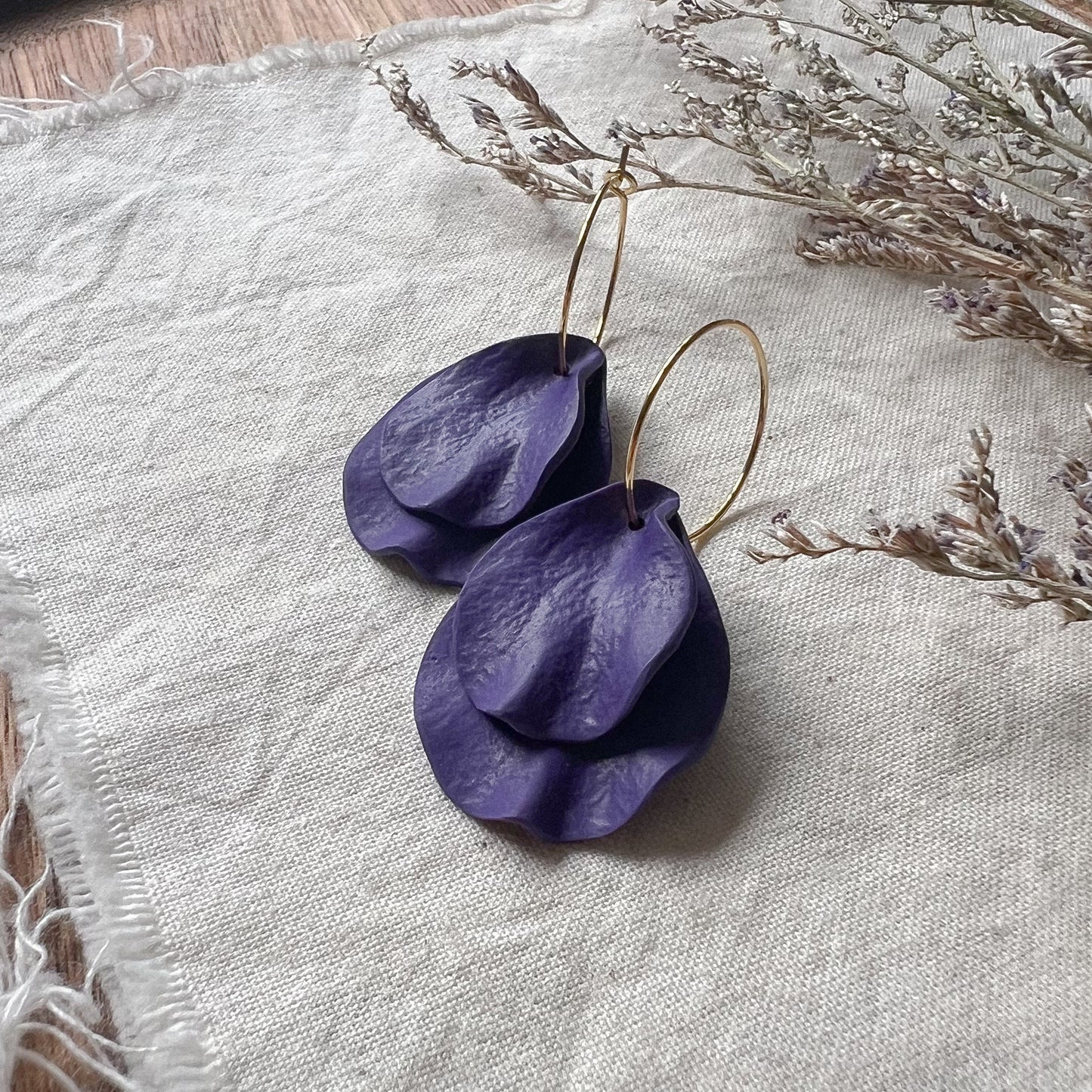 Double Petal Hoop Earrings In Deep Purple
