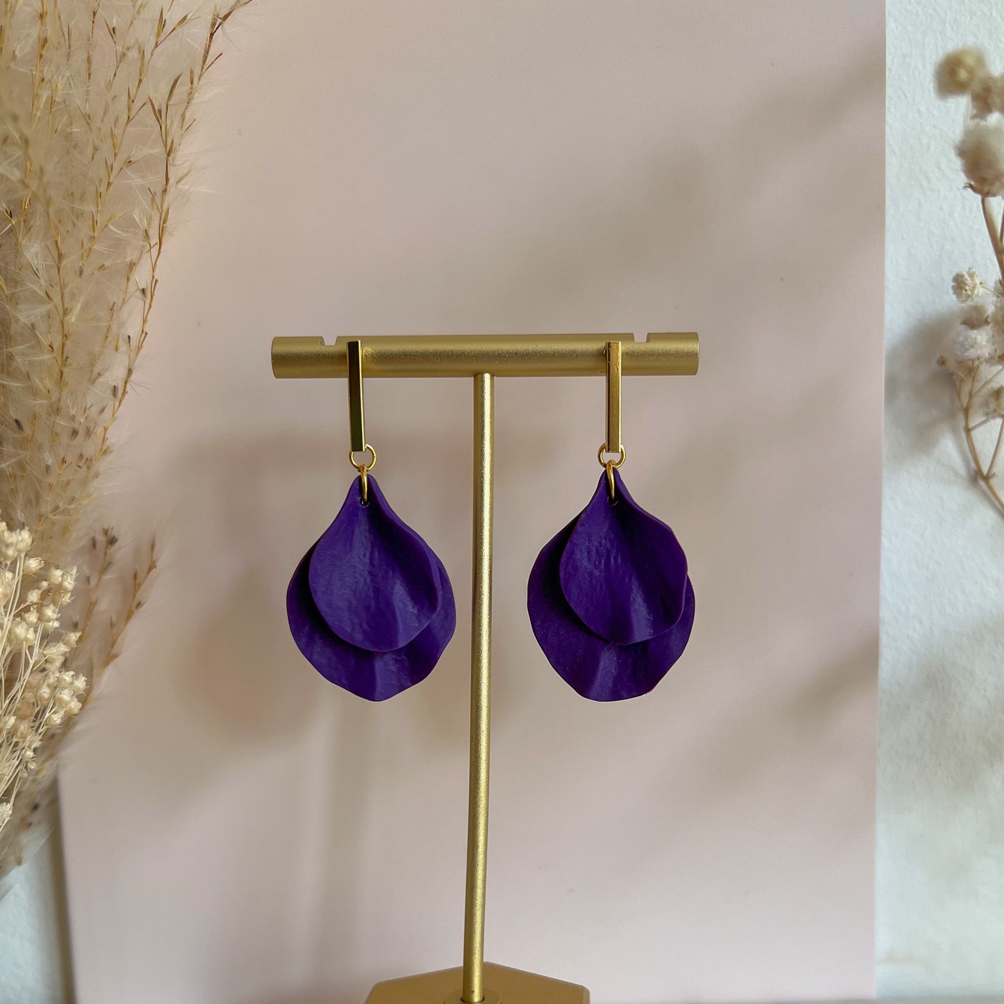 DELEN STEM | medium double rose petal earrings on straight stud drop in violet purple