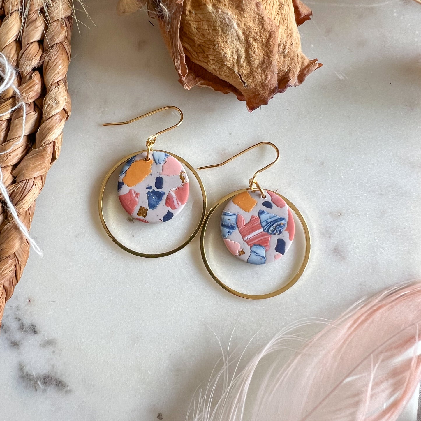 BRYLUEN | round circle drop with circle detail hook earrings in multicoloured cubist terrazzo