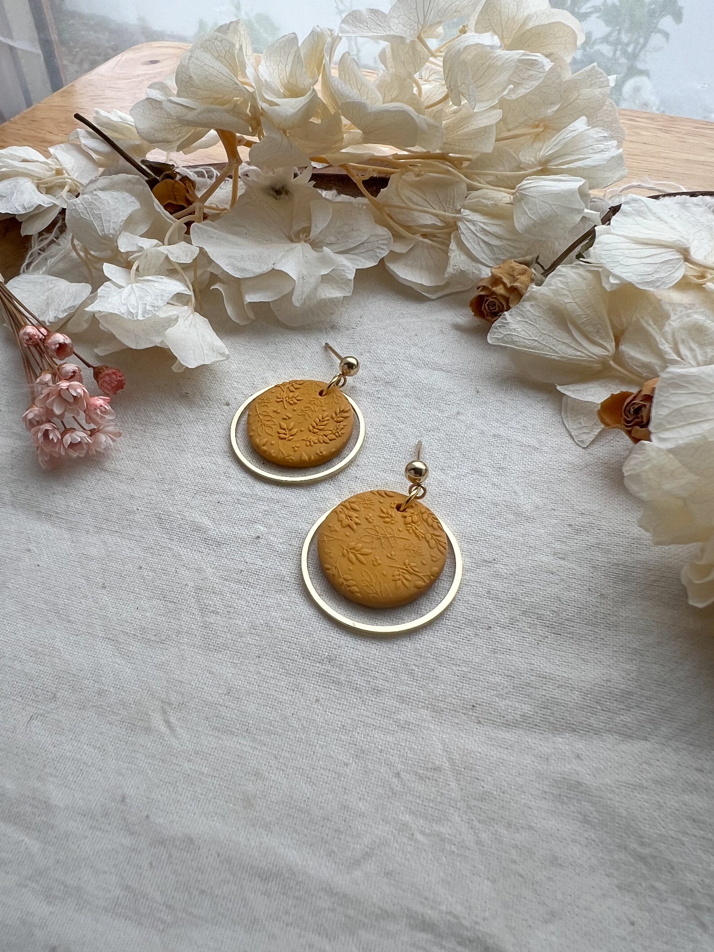 Medium Round Stud Drop Earrings in Ochre Yellow