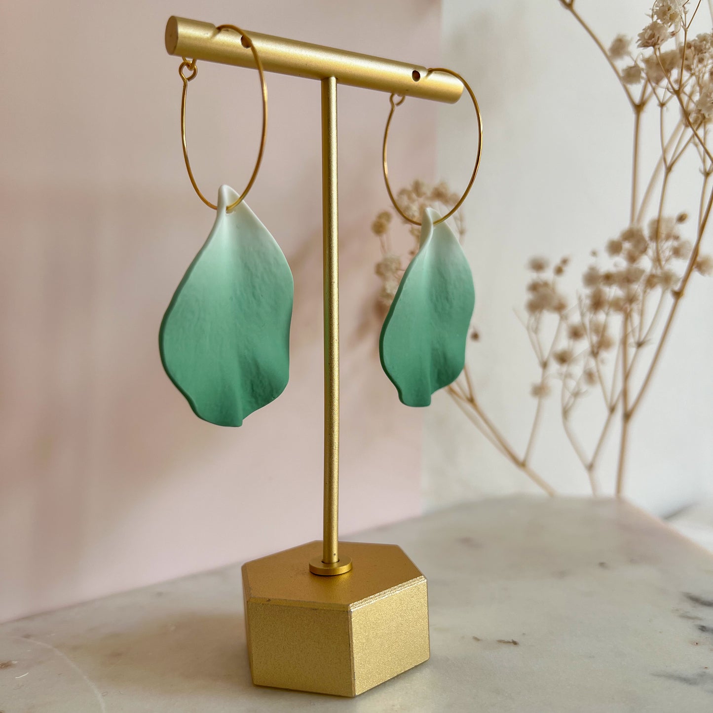 DELEN | large rose petal 30mm hoop earrings in ombré sage green