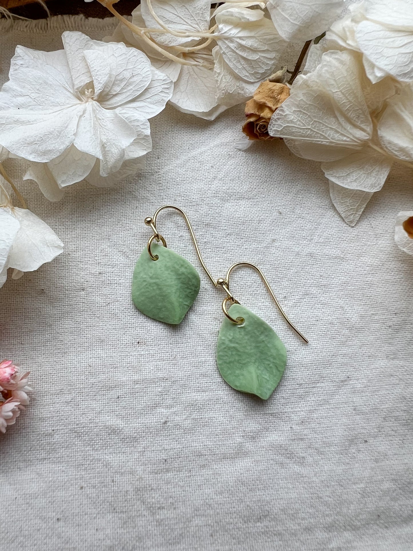 Tiny Petal Hook Earrings in Apple Green