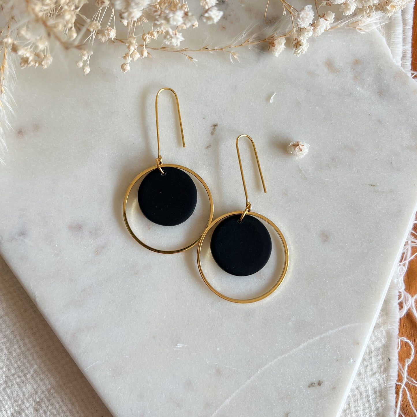 Bryluen Round | round hoop with circle detail long drop earrings in midnight black