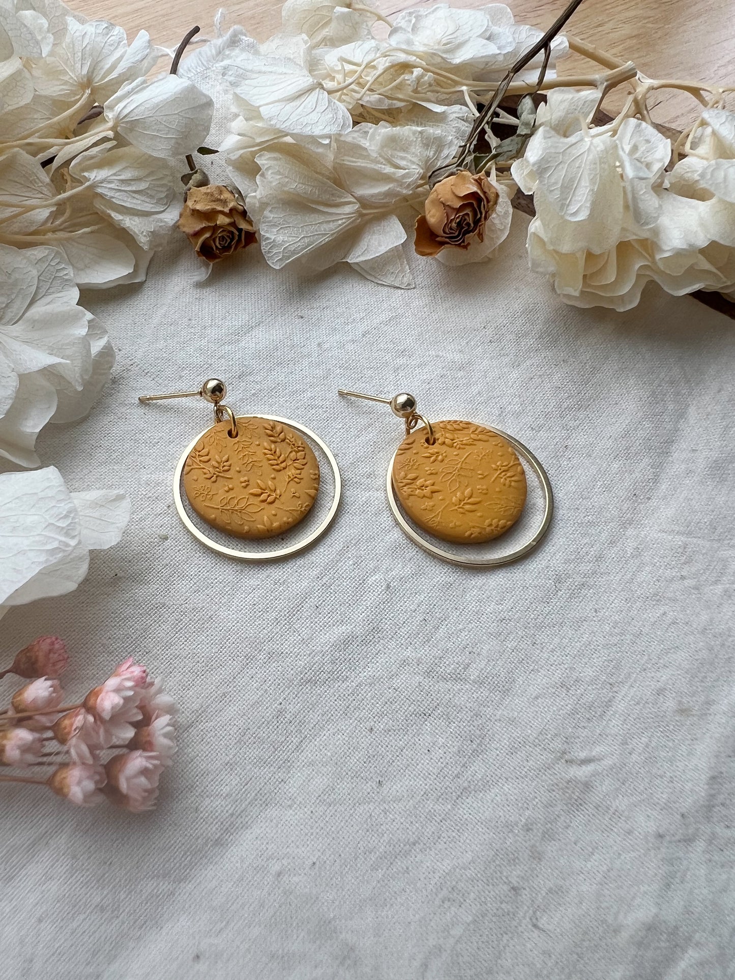 Medium Round Stud Drop Earrings in Ochre Yellow