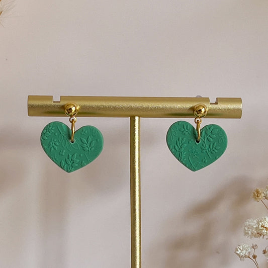 KARA | Heart stud drop earrings in  textured sage green
