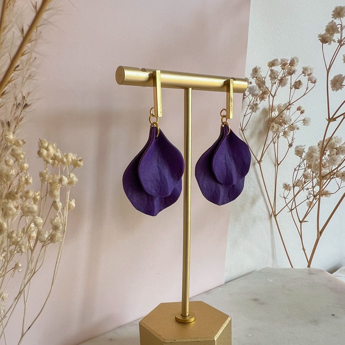 DELEN STEM | medium double rose petal earrings on straight stud drop in violet purple