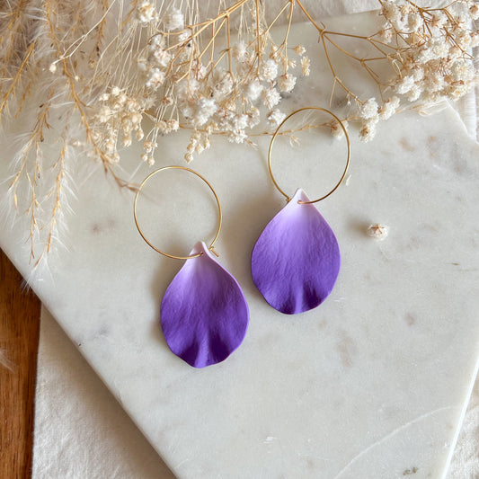 DELEN | large rose petal 30mm hoop earrings in violet purple ombre