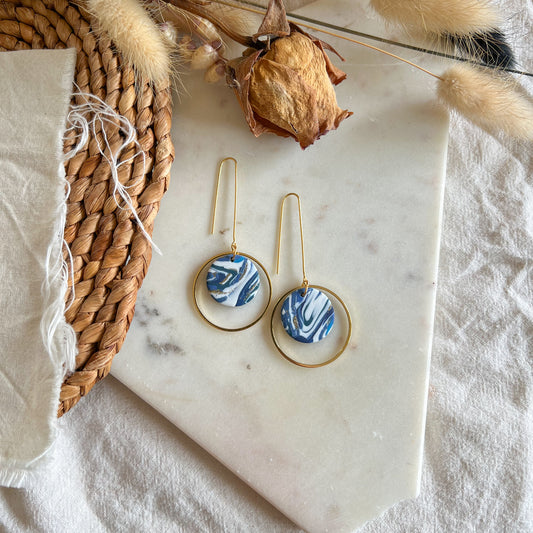 BRYLUEN | round hoop with circle detail long drop earring in mussel shell blue marble