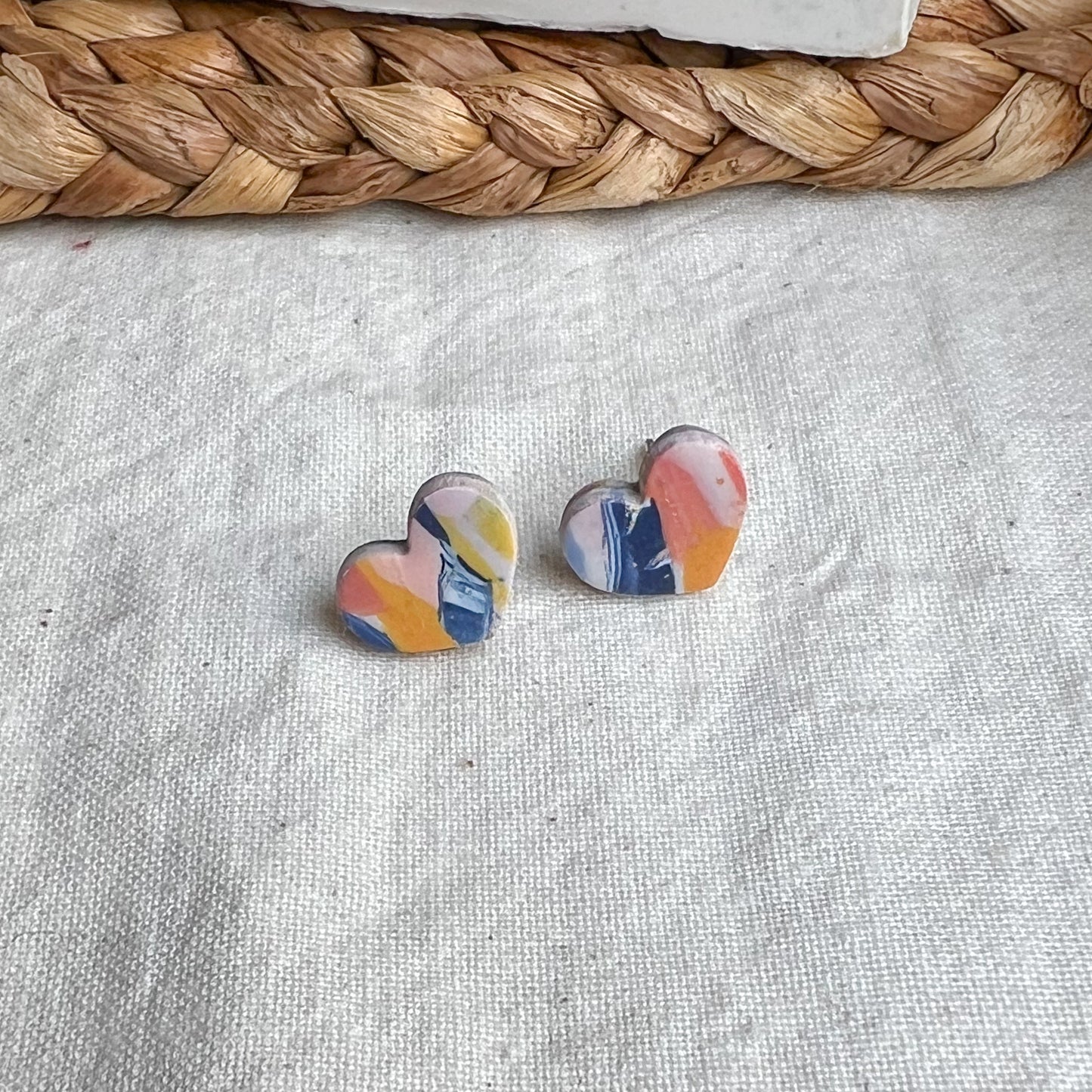 KARA | Small heart stud earrings in multicoloured cubist terrazzo version 4