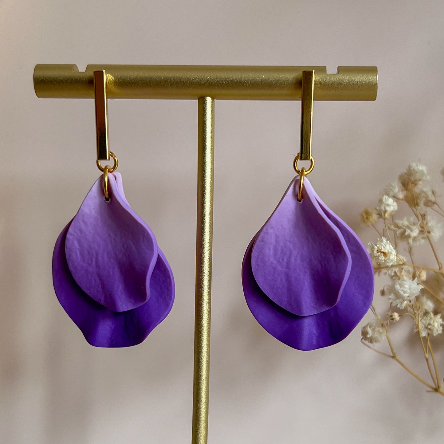 DELEN STEM | medium double rose petal earrings on straight stud drop in violet purple ombré