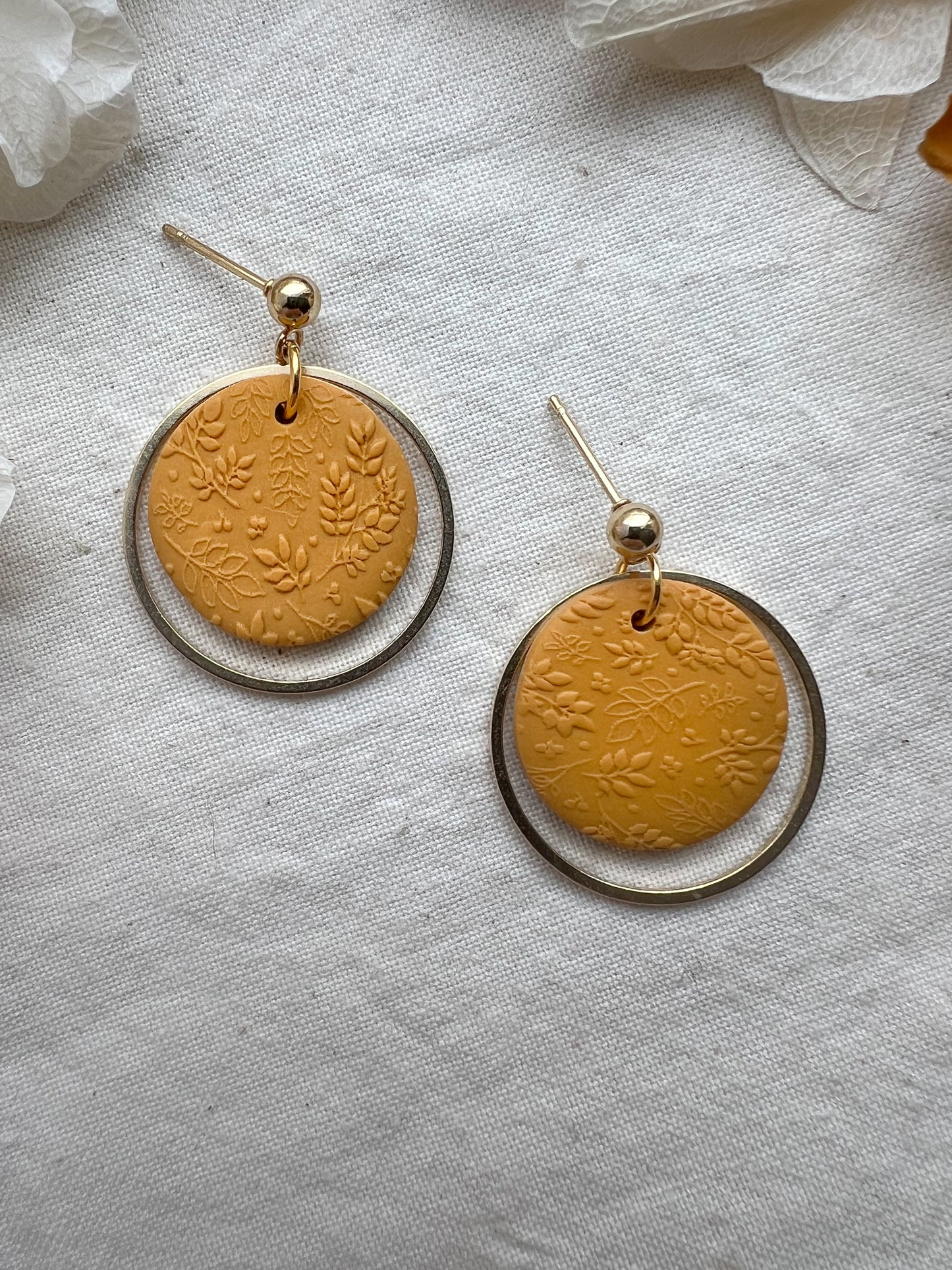 Medium Round Stud Drop Earrings in Ochre Yellow