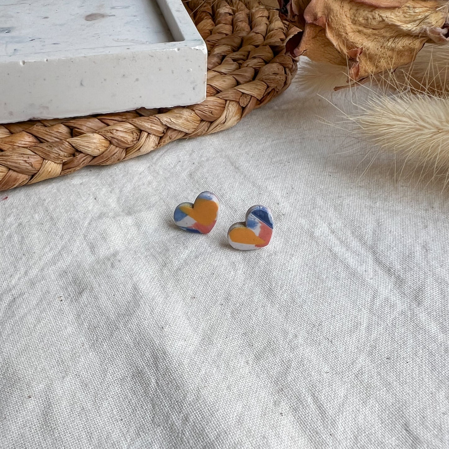 KARA | Small heart stud earrings in multicoloured cubist terrazzo version 3