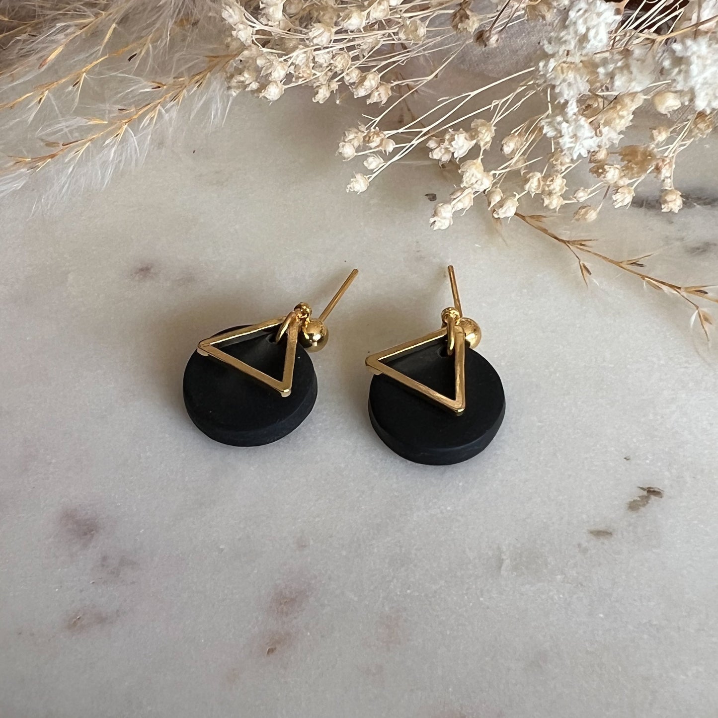 YSELLA | round stud drop with gold triangle detail earrings in midnight black