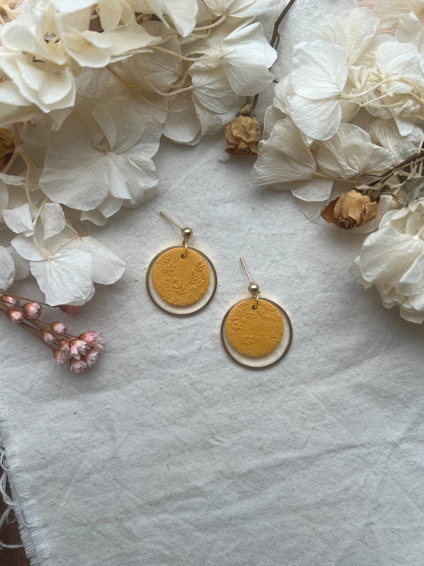 Medium Round Stud Drop Earrings in Ochre Yellow