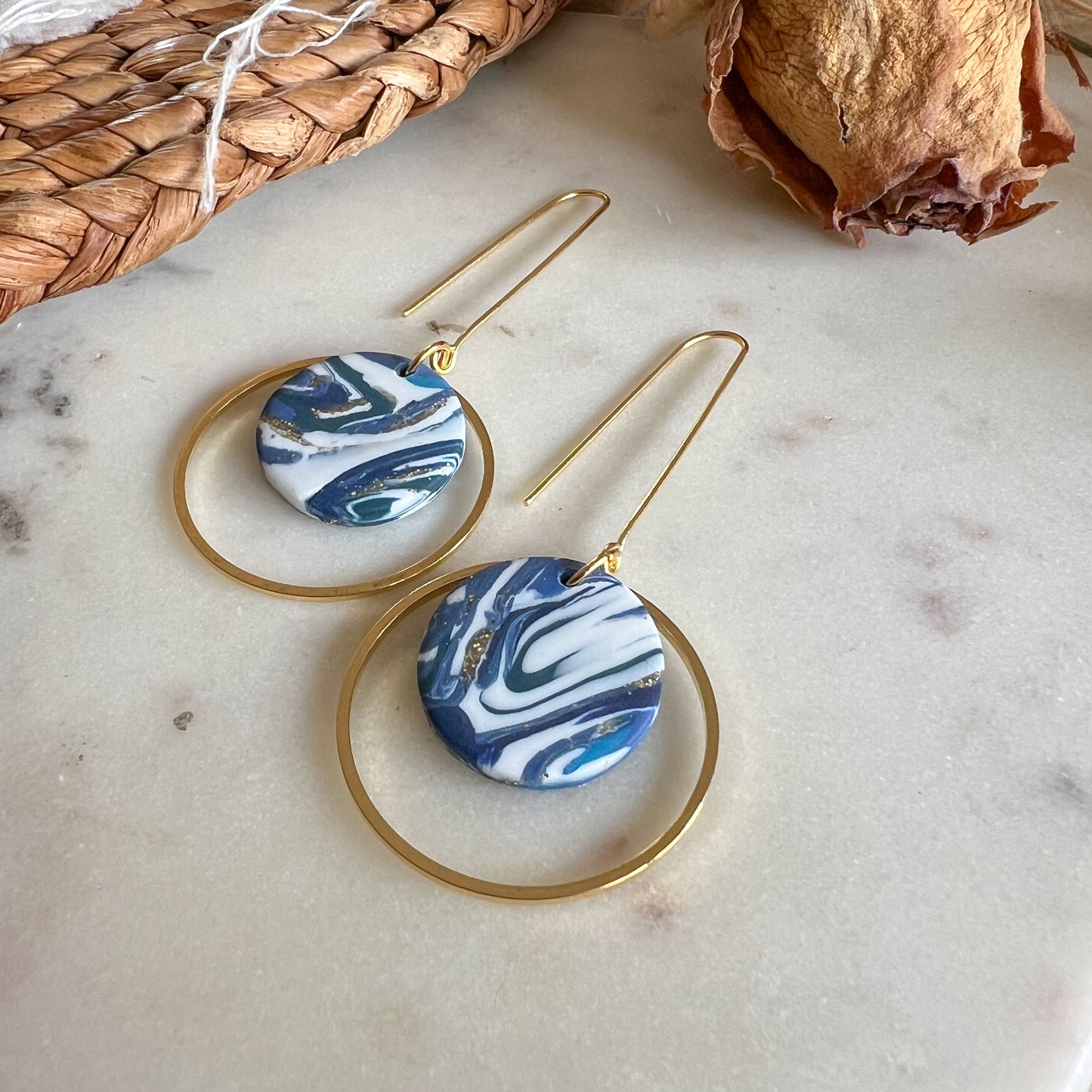 BRYLUEN | round hoop with circle detail long drop earring in mussel shell blue marble