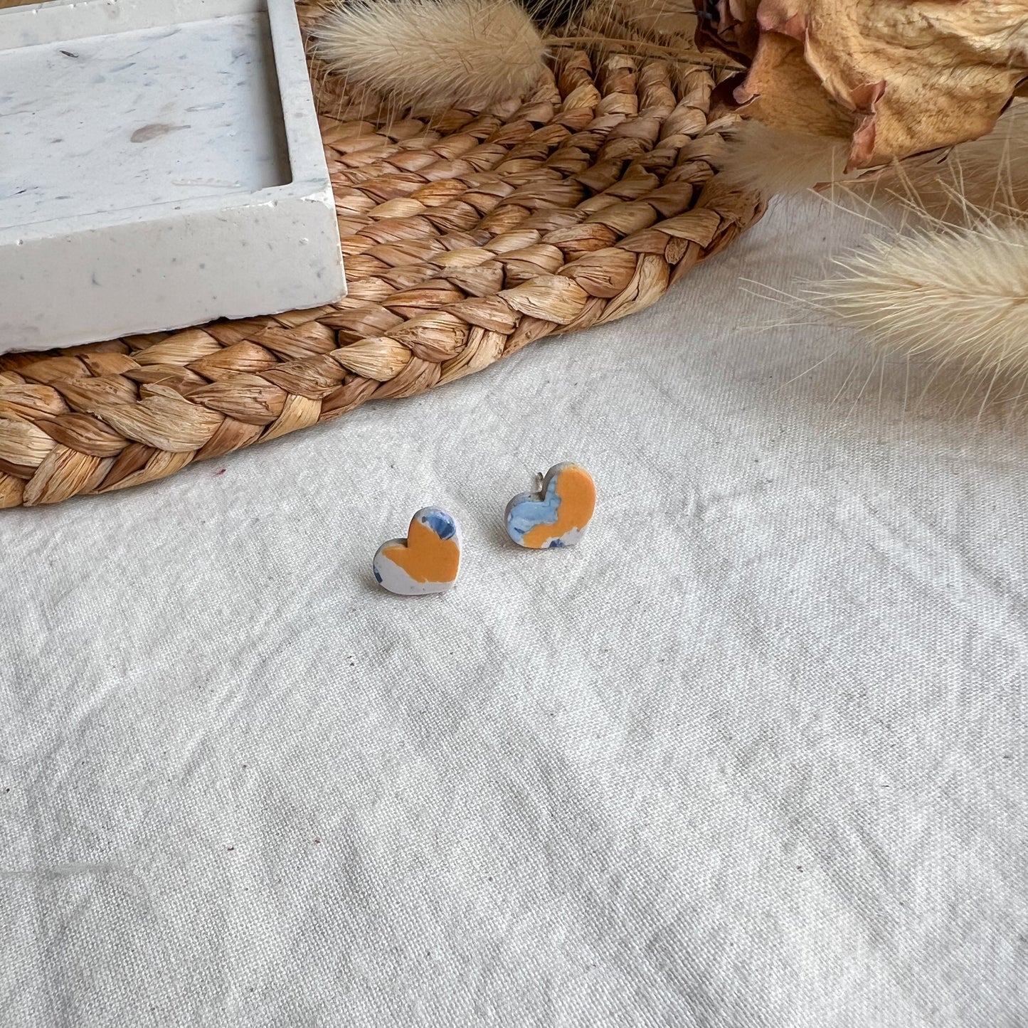 KARA | Small heart stud earrings in multicoloured cubist terrazzo version 1