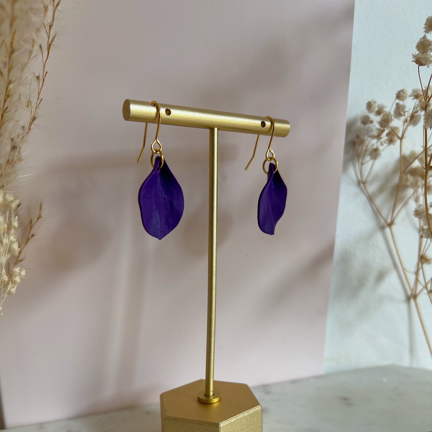 DELEN | small rose petal hook earrings in violet purple