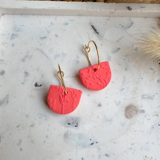 HIGAN HALF | half round drop on 15mm hoop earrings in blossom textured bright coral red