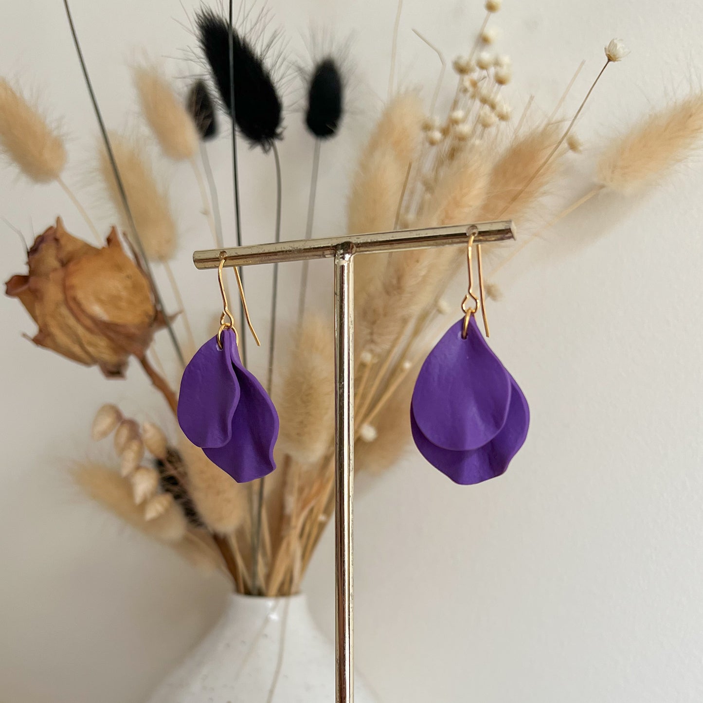 DELEN DOUBLE | medium double rose petal hook earrings in violet purple