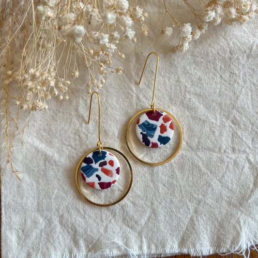 Bryluen Round | round hoop with circle detail long drop earrings in sunset terrazzo