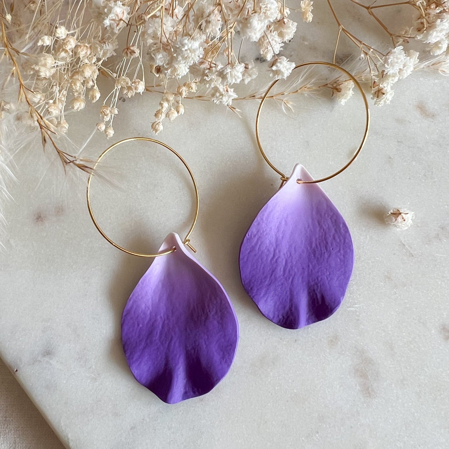 DELEN | large rose petal 30mm hoop earrings in violet purple ombre
