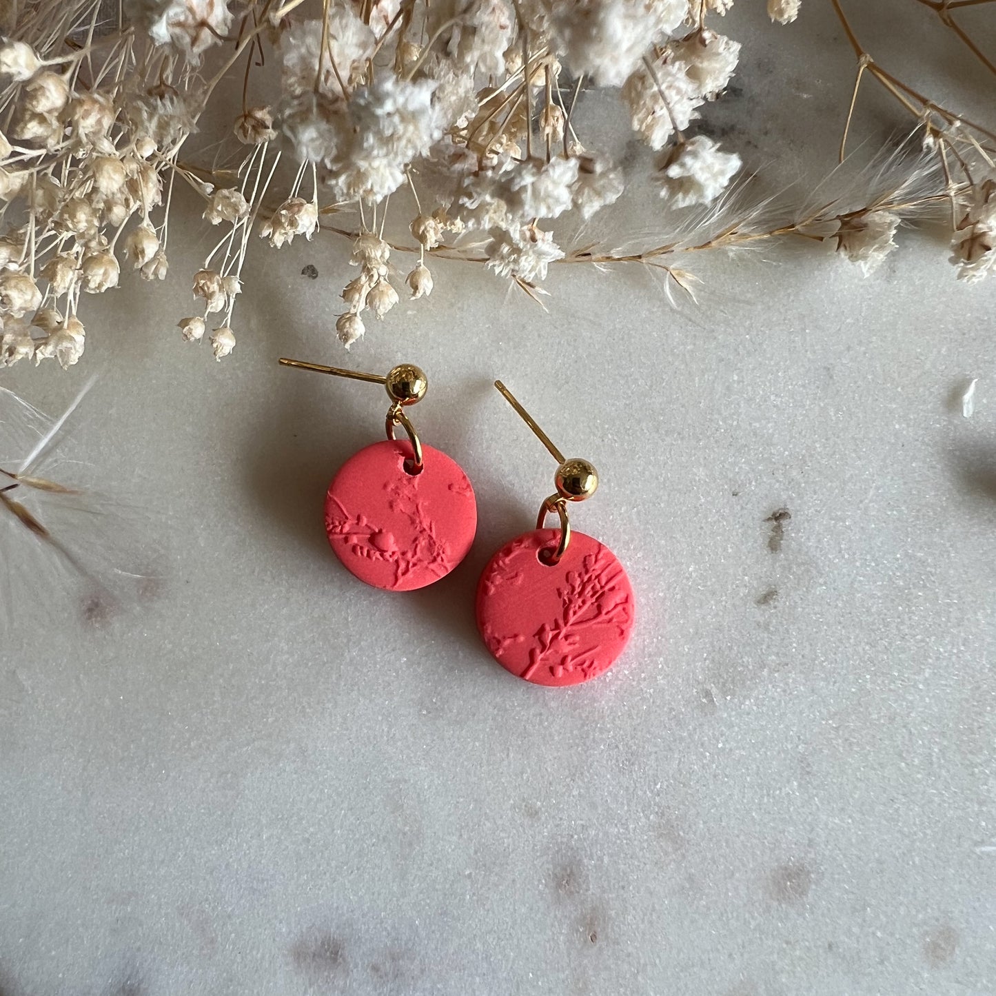 ROUND | round stud drop earrings in blossom textured bright coral red