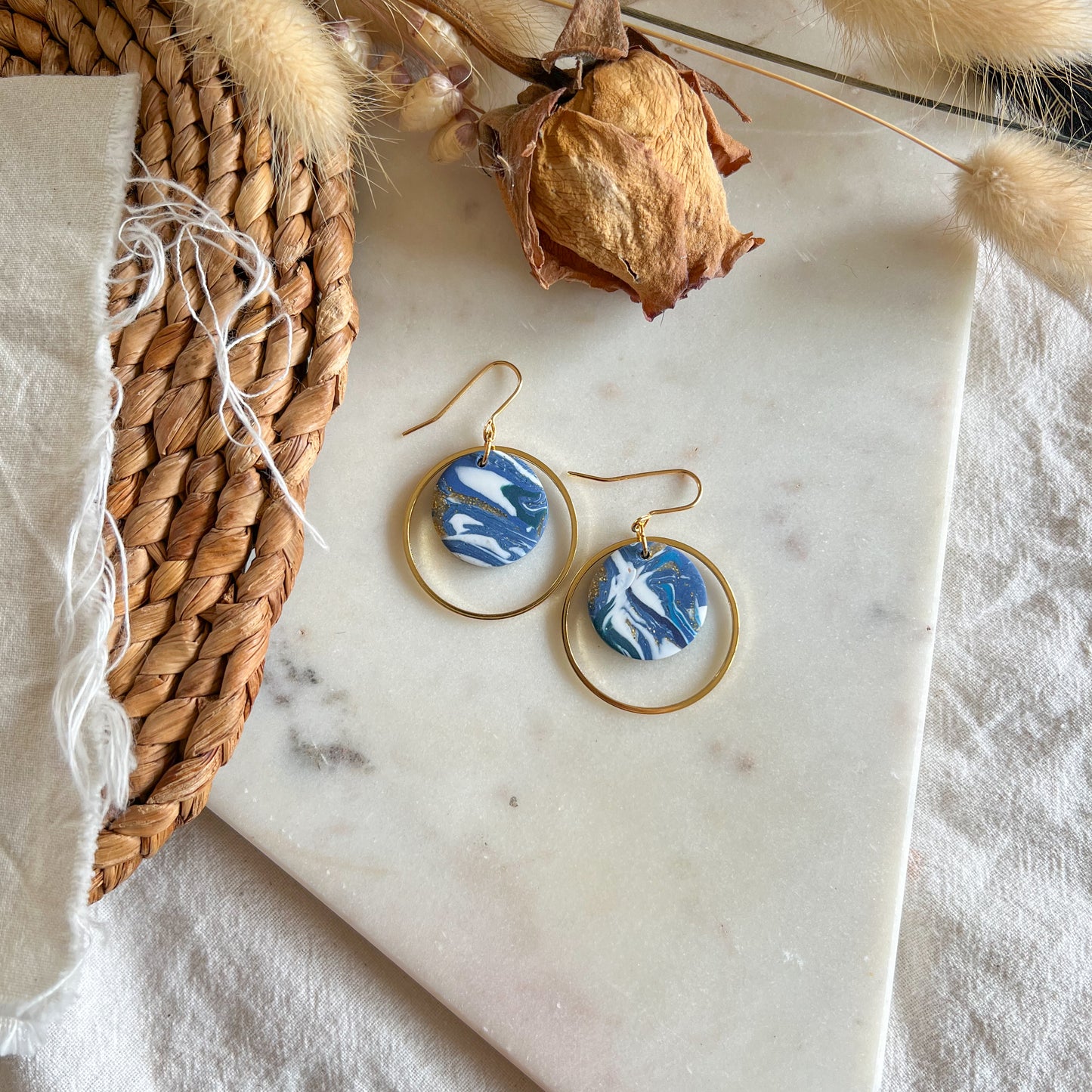 BRYLUEN | round circle drop with circle detail hook earrings in mussel shell blue marble