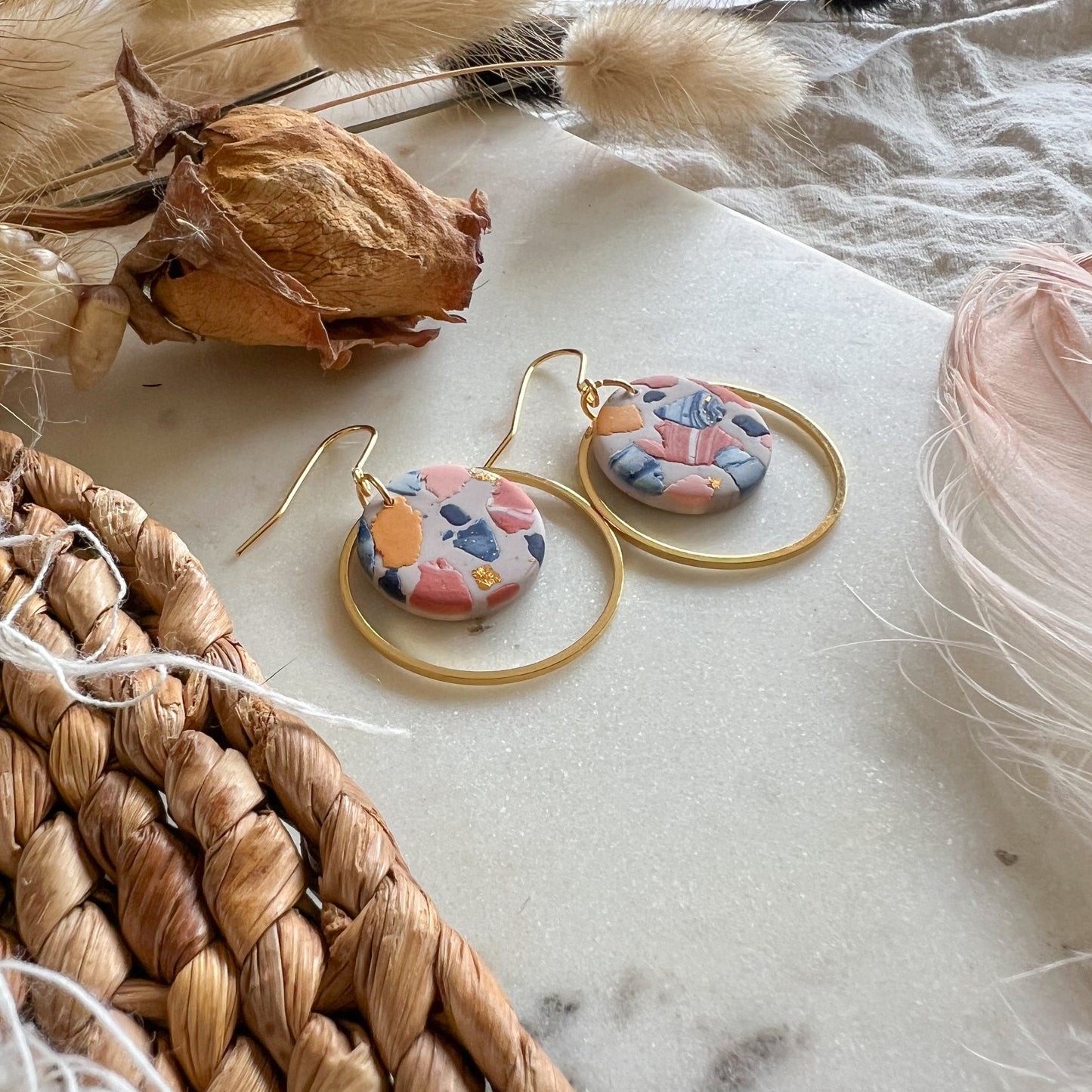 BRYLUEN | round circle drop with circle detail hook earrings in multicoloured cubist terrazzo