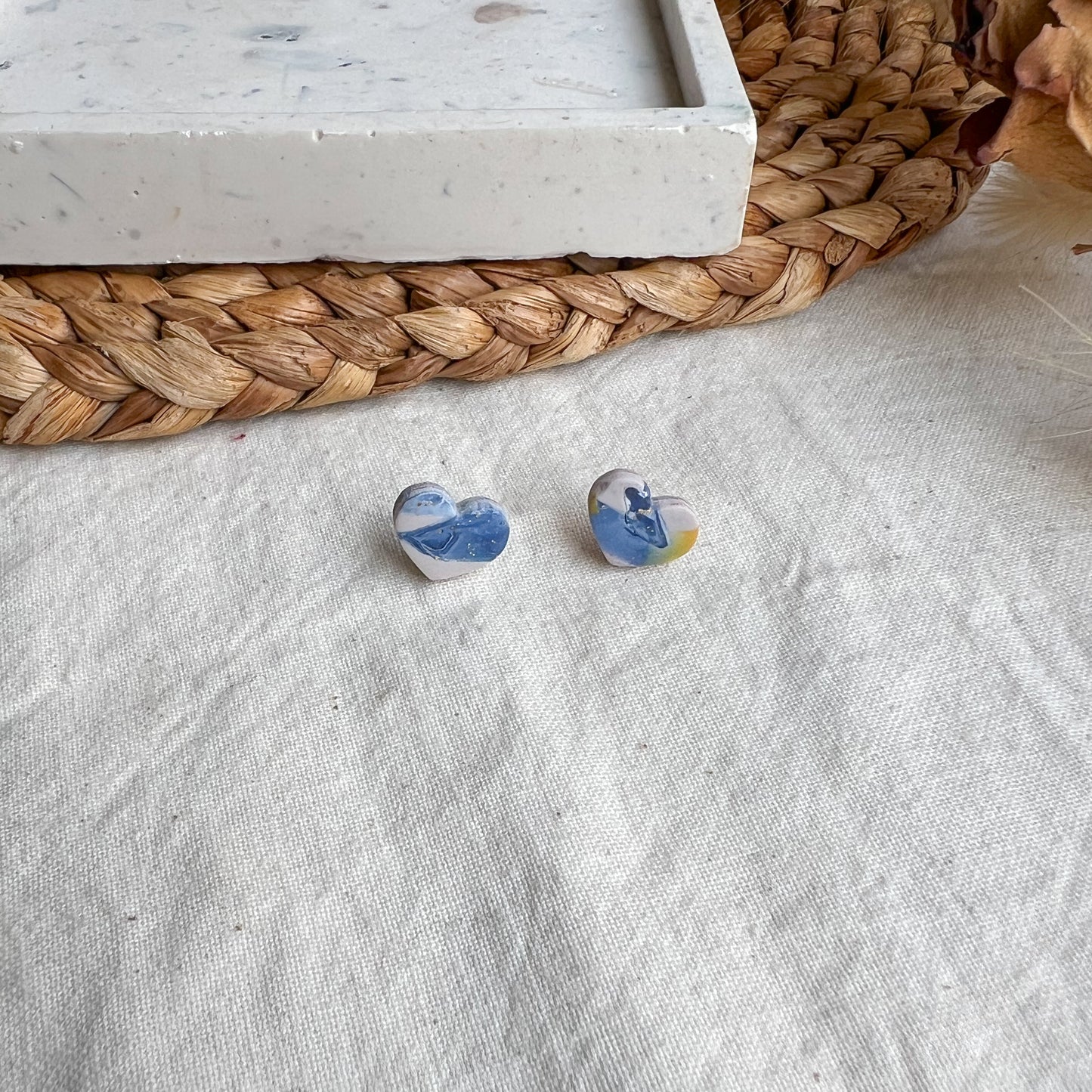 KARA | Small heart stud earrings in multicoloured cubist terrazzo version 2