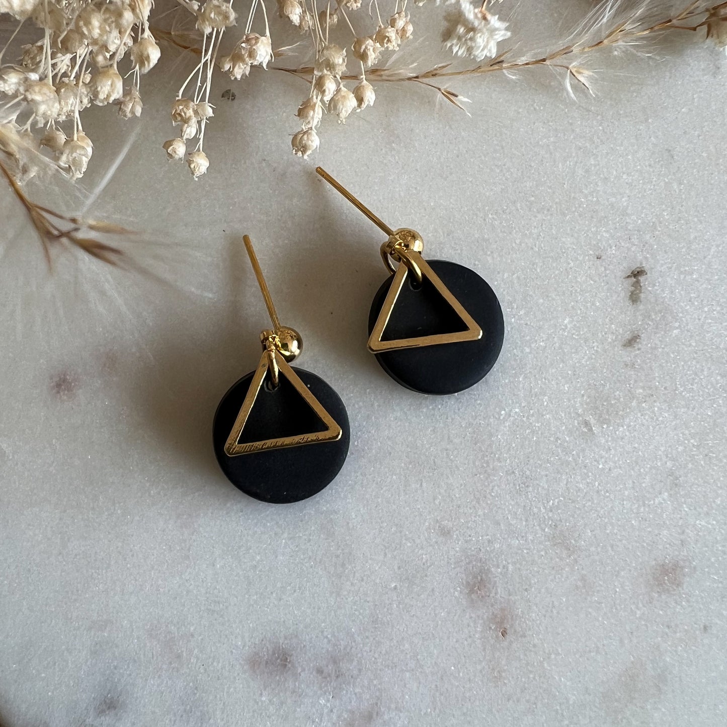 YSELLA | round stud drop with gold triangle detail earrings in midnight black