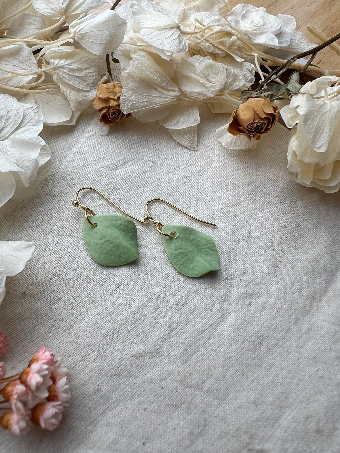 Tiny Petal Hook Earrings in Apple Green