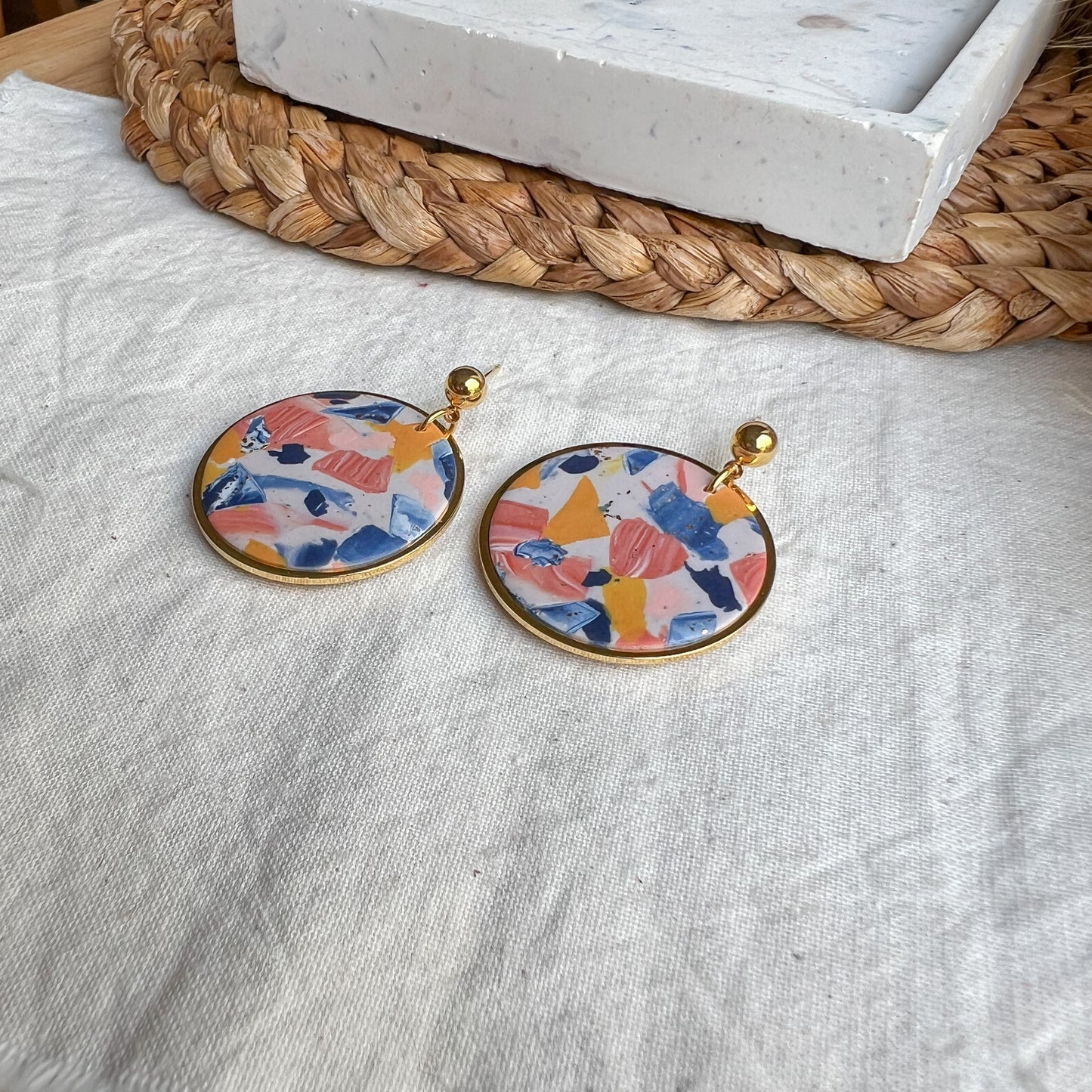 SENARA | large round circle drop with circle detail stud drop earrings in multicoloured cubist terrazzo