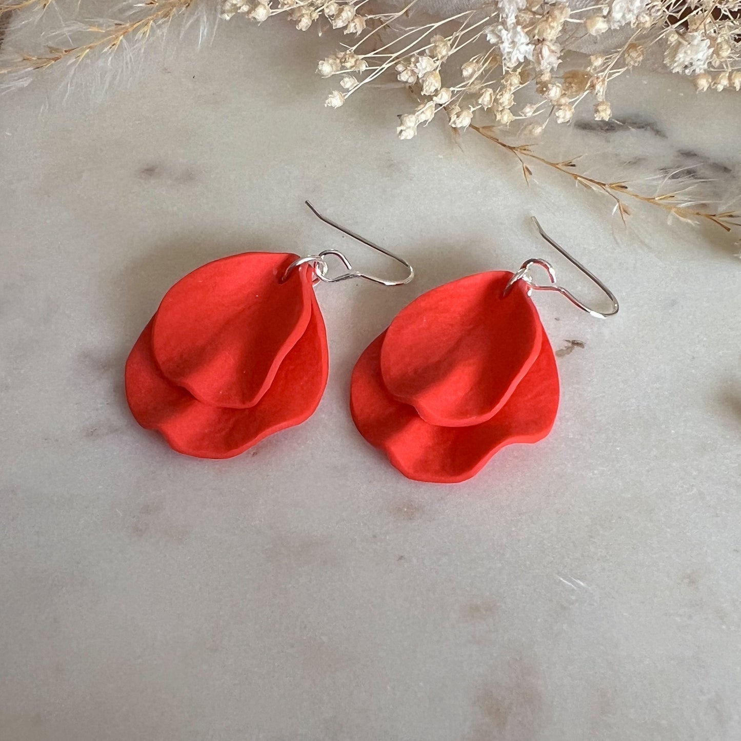DELEN DOUBLE | medium double rose petal hook earrings in vibrant coral