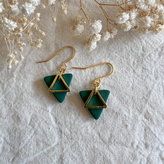 HIGAN ESELD | triangle drop with triangle detail hook earrings in deep winter green