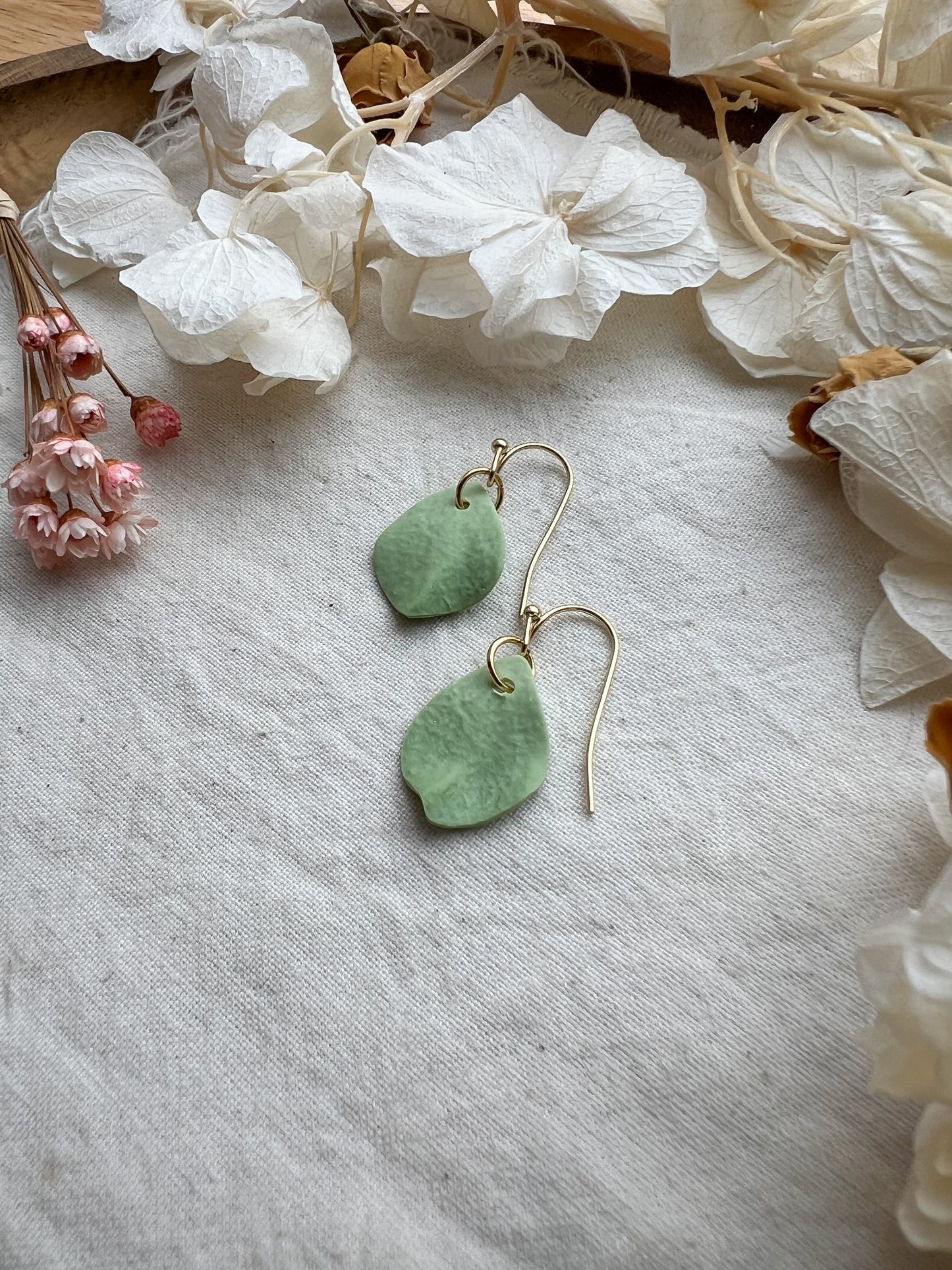 Tiny Petal Hook Earrings in Apple Green