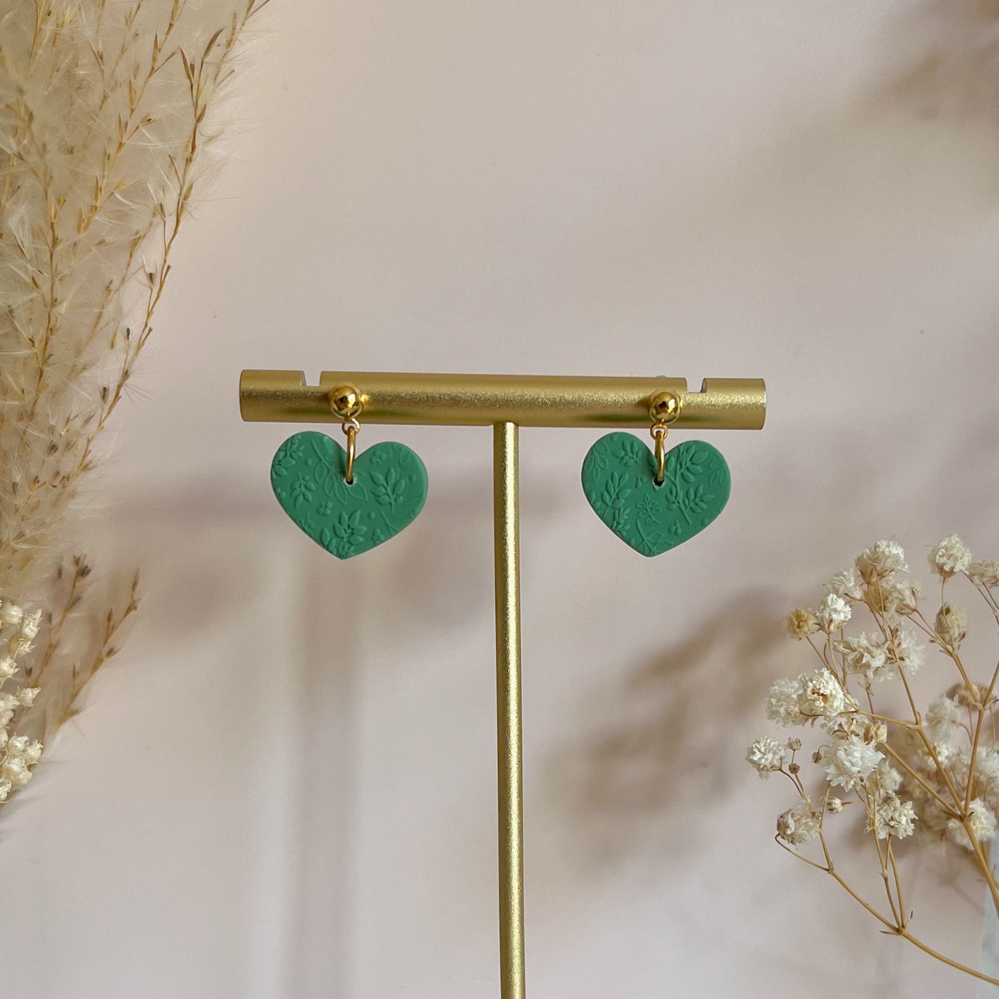 KARA | Heart stud drop earrings in  textured sage green