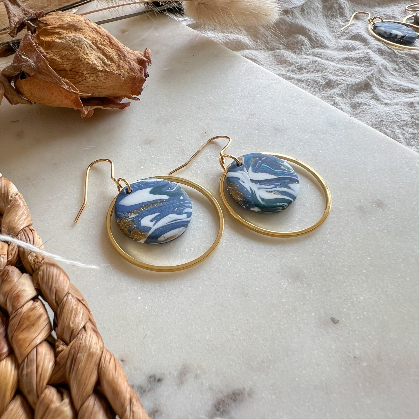 BRYLUEN | round circle drop with circle detail hook earrings in mussel shell blue marble