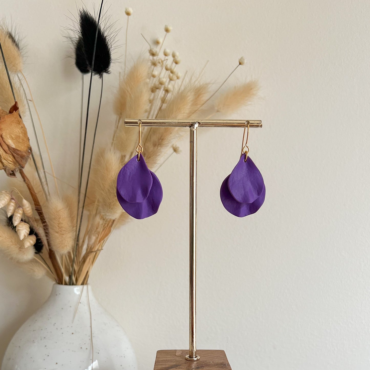 DELEN DOUBLE | medium double rose petal hook earrings in violet purple